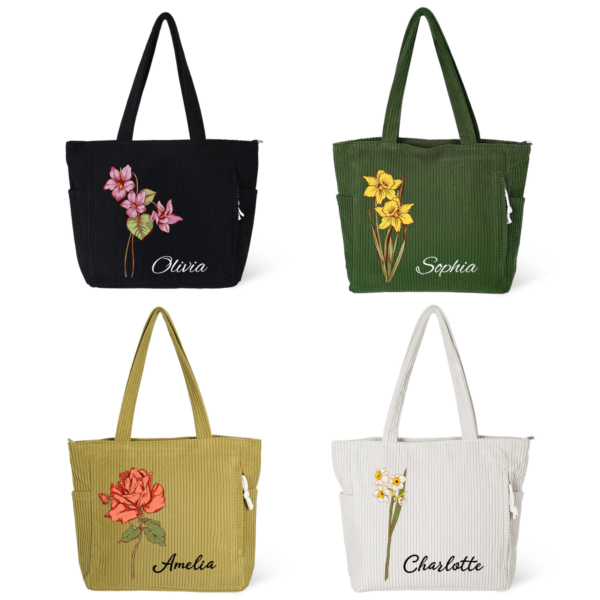 Personalized Birth Flower Corduroy Tote Bag for Women Custom Name Large Shoulder Bag with Zipper