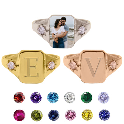 Anillo de sello personalizado con inicial de foto y piedra de nacimiento