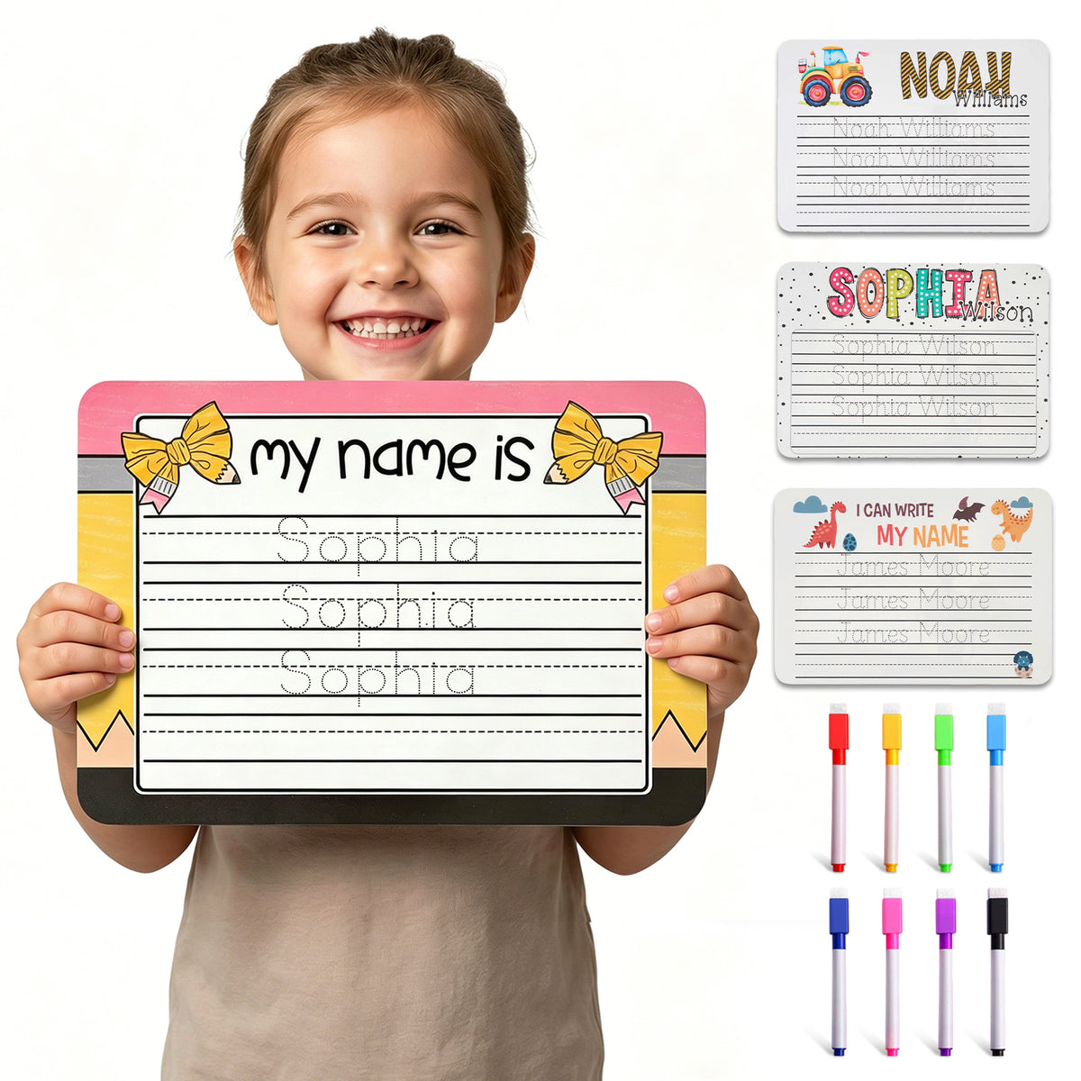 Pizarra personalizada para practicar el nombre para niños, pizarra blanca para calcar nombres con bolígrafo de borrado en seco, regalo de regreso a clases para niños de 3, 4, 5 años, preescolares, aprendizaje de escritura a mano para niños pequeños