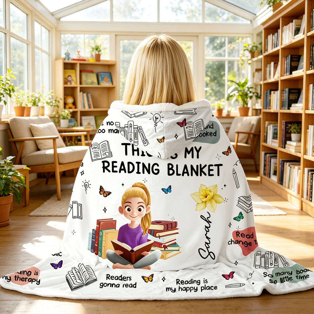 Personalized Reading Blanket Hoodie Custom Name Portrait Birth Flower This Is My Reading Blanket Snuggie Wearable Blanket Birthday Gift for Librarians Book Lover Bookworm Writer Student