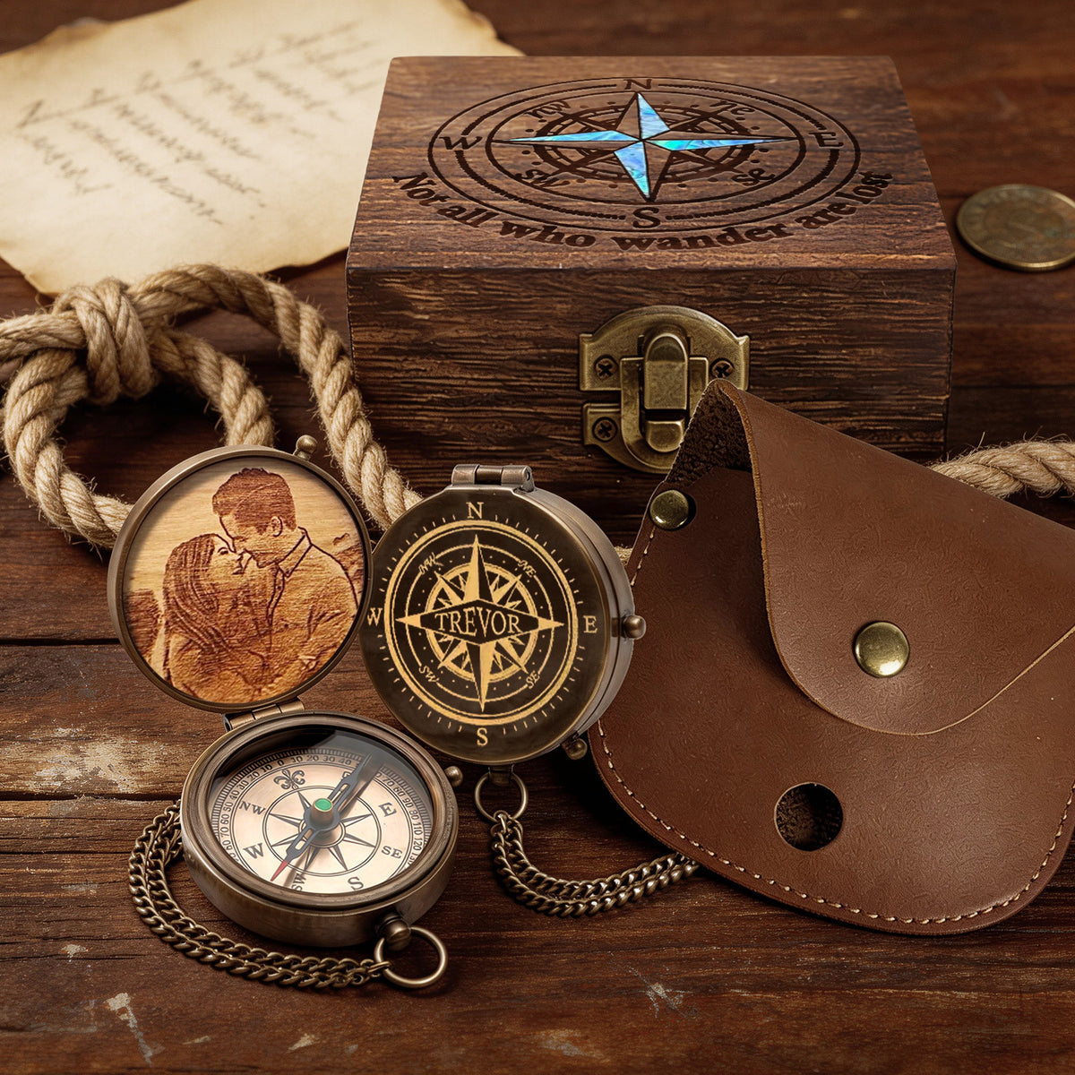 Personalized Engraved Compass with Wooden Box Custom Brass Pocket Compass with PU Leather Storage Pouch for Camping Hiking Fishing Vintage Antique Keepsake Father's Day Birthday Xmas Gifts-xmj