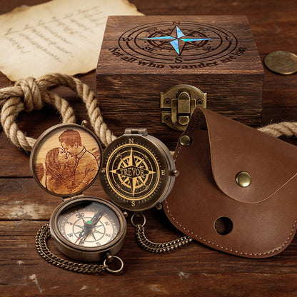Personalized Engraved Compass with Wooden Box  Custom Brass Pocket Compass  with PU Leather Storage Pouch  for Camping Hiking Fishing  Vintage Antique Keepsake  Father's Day Birthday Xmas Gifts
