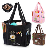 Personalized Birth Flower Corduroy Crochet Bag for Women, 11.5" Large Yarn Storage with Custom Name, Multiple Pockets & Grommets, Needle Holders, Knitting Bag for Crochet Lovers, Mom, Grandma