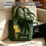 Personalized Birth Flower Corduroy Tote Bag for Women  Custom Name Large Shoulder Bag with Zipper