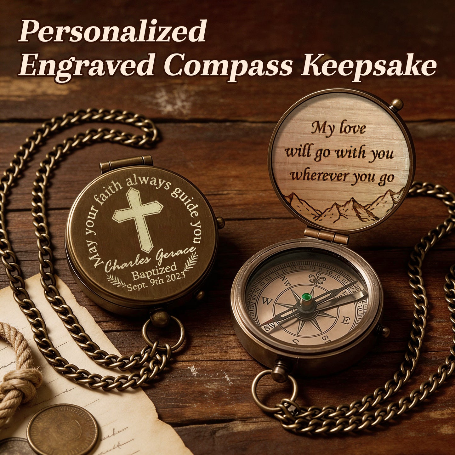Personalized Engraved Compass with Wooden Box  Custom Brass Pocket Compass  with PU Leather Storage Pouch  for Camping Hiking Fishing  Vintage Antique Keepsake  Father's Day Birthday Xmas Gifts