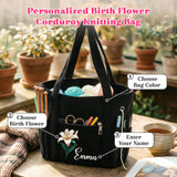 Personalized Birth Flower Corduroy Crochet Bag for Women, 11.5" Large Yarn Storage with Custom Name, Multiple Pockets & Grommets, Needle Holders, Knitting Bag for Crochet Lovers, Mom, Grandma