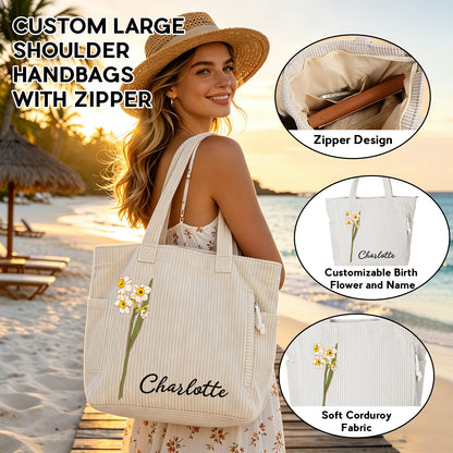 Personalized Birth Flower Corduroy Tote Bag