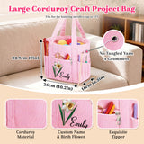 Personalized Birth Flower Corduroy Crochet Bag for Women, 11.5" Large Yarn Storage with Custom Name, Multiple Pockets & Grommets, Needle Holders, Knitting Bag for Crochet Lovers, Mom, Grandma