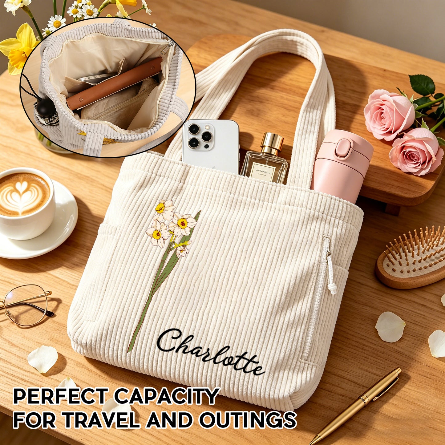 Personalized Birth Flower Corduroy Tote Bag