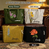 Personalized Birth Flower Corduroy Tote Bag for Women  Custom Name Large Shoulder Bag with Zipper