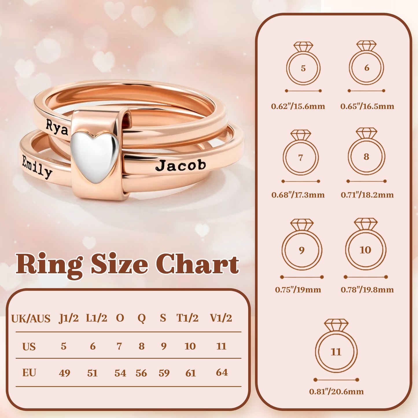 Personalized Name Ring for Women Stacking Rings with Engraved 2-7 Names Family Custom Jewelry Gifts for Mom Grandma Wife Girlfriend Mother's Day Birthday Wedding Xmas Gifts