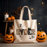 Custom Retro Halloween Canvas Tote Bag Personalized Trick-Or-Treat Bag School Halloween Kids Gift | Toddler Goodie Food Basket Bag Monogram