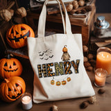 Custom Retro Halloween Canvas Tote Bag Personalized Trick-Or-Treat Bag School Halloween Kids Gift | Toddler Goodie Food Basket Bag Monogram