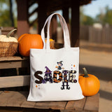Custom Retro Halloween Canvas Tote Bag Personalized Trick-Or-Treat Bag School Halloween Kids Gift | Toddler Goodie Food Basket Bag Monogram