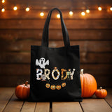 Custom Retro Halloween Canvas Tote Bag Personalized Trick-Or-Treat Bag School Halloween Kids Gift | Toddler Goodie Food Basket Bag Monogram