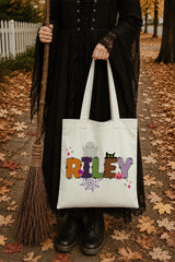 Custom Retro Halloween Canvas Tote Bag Personalized Trick-Or-Treat Bag School Halloween Kids Gift | Toddler Goodie Food Basket Bag Monogram