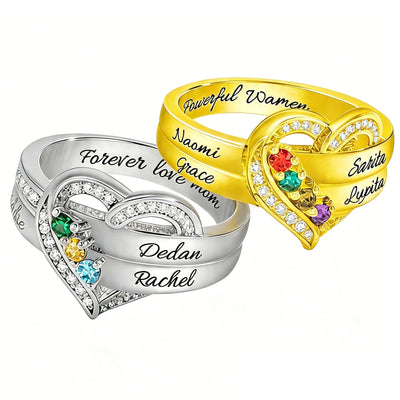 Anillo Corazón de Piedras de Nacimiento Personalizado con 1-8 Piedras y Nombre