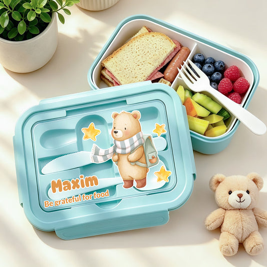 Personalized Cartoon Animal Photo Microwavable Lunch Box with Name Text and Cutlery Picnic Outdoor Activity Use Back to School Gift for Students