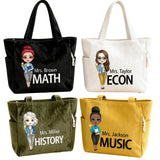 Personalized Corduroy Tote Bag for Teacher Tote Bag with Name & Cartoon Character Large Shoulder Handbags with Zipper Travel College Work Accessory Graduation Birthday Gifts for Teacher