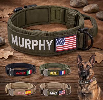Personalized Tactical Dog Collar Custom Embroidered Name & Phone Number PVC Flag Patch Heavy Duty Nylon Handle Adjustable Fit for Medium Large Dogs Optional Matching Leash Pet Lovers Gift