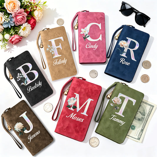 Personalized Wristlet Wallet for Women Custom Pearl Initial Birth Flower and Name  PU Leather Wallet with Coin Pocket  Id Window & Grip Hand Strap  Mother's Day  Birthday Gift for Mom Friends
