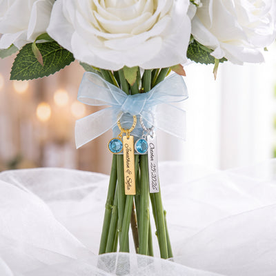 Personalized Blue Crystal Bridal Bouquet Charm with Engraved Text  Something Blue Wedding Gift for Bride