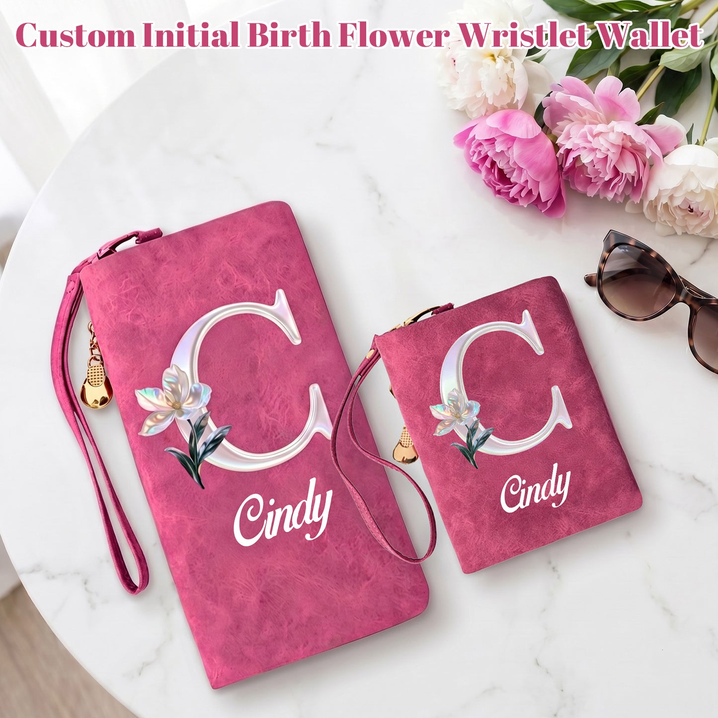 Personalized Wristlet Wallet for Women Custom Pearl Initial Birth Flower and Name  PU Leather Wallet with Coin Pocket  Id Window & Grip Hand Strap  Mother's Day  Birthday Gift for Mom Friends