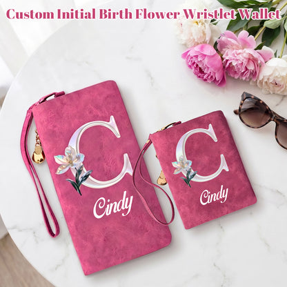 Personalized Wristlet Wallet for Women Custom Pearl Initial Birth Flower and Name  PU Leather Wallet with Coin Pocket  Id Window & Grip Hand Strap  Mother's Day  Birthday Gift for Mom Friends