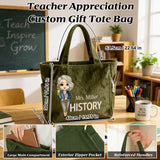 Personalized Corduroy Tote Bag for Teacher Tote Bag with Name & Cartoon Character Large Shoulder Handbags with Zipper Travel College Work Accessory Graduation Birthday Gifts for Teacher