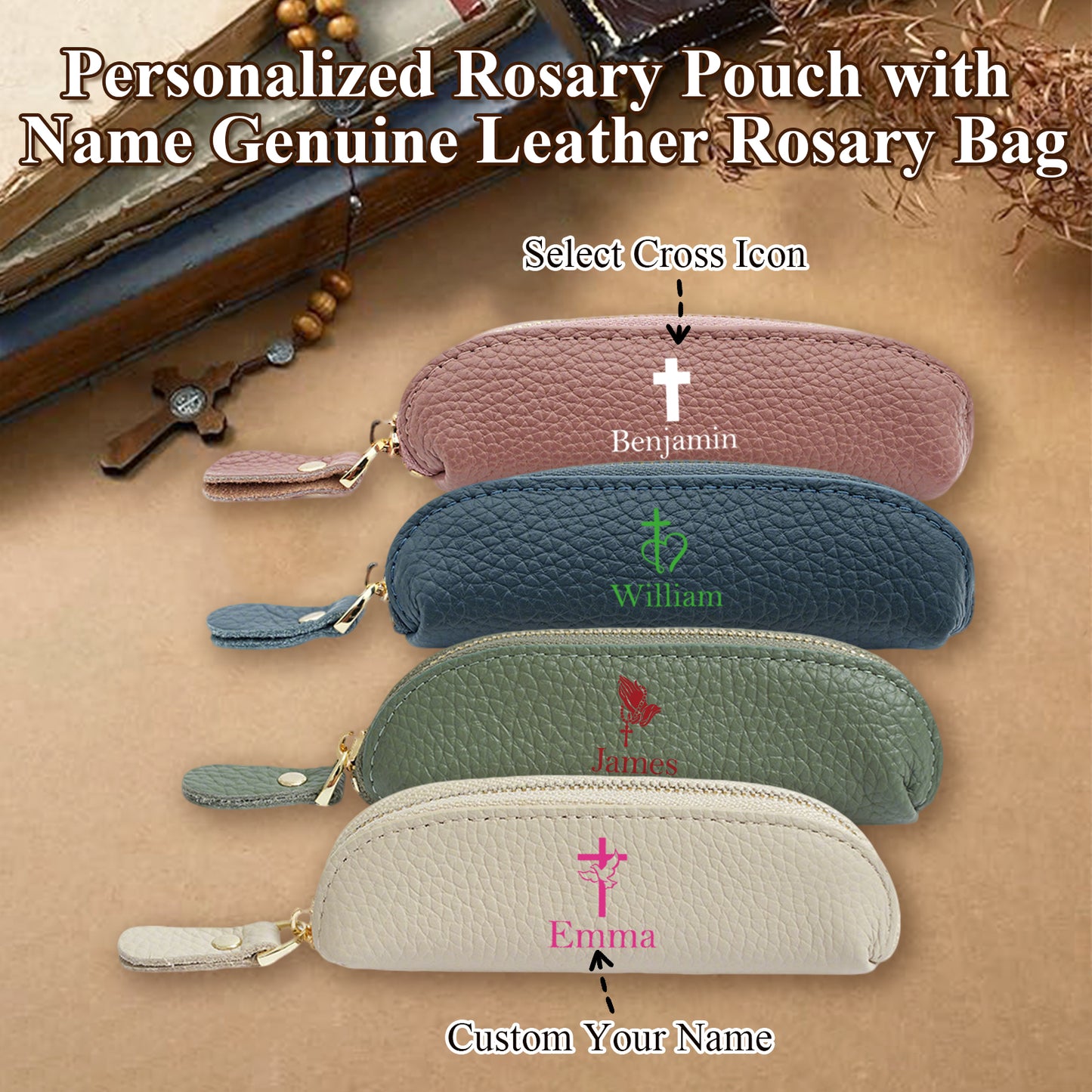 Personalized Genuine Leather Rosary Pouch, Cross Print Rosary Bag with Name