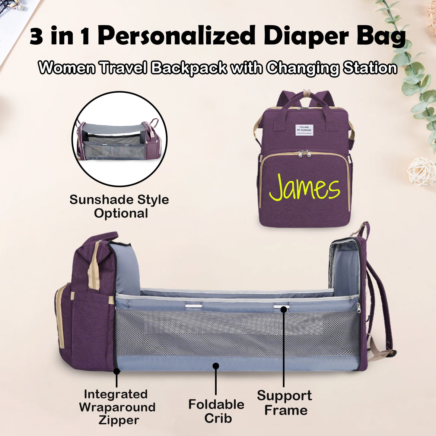 Personalized 3 in 1 Diaper Bag Backpack with Changing Station Multifunctional Large Baby Diaper Bags for Boys & Girls Portable Custom Lightweight Changing Bag Newborn Baby Essential Gifts1