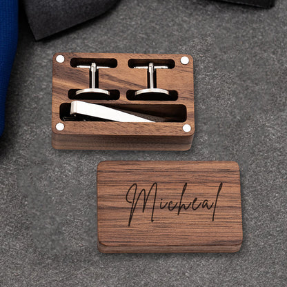 Personalized Tie Clip and Cufflinks Set, Custom Wedding Cufflinks, with Wooden Box, Groomsmen Wedding Gift Set