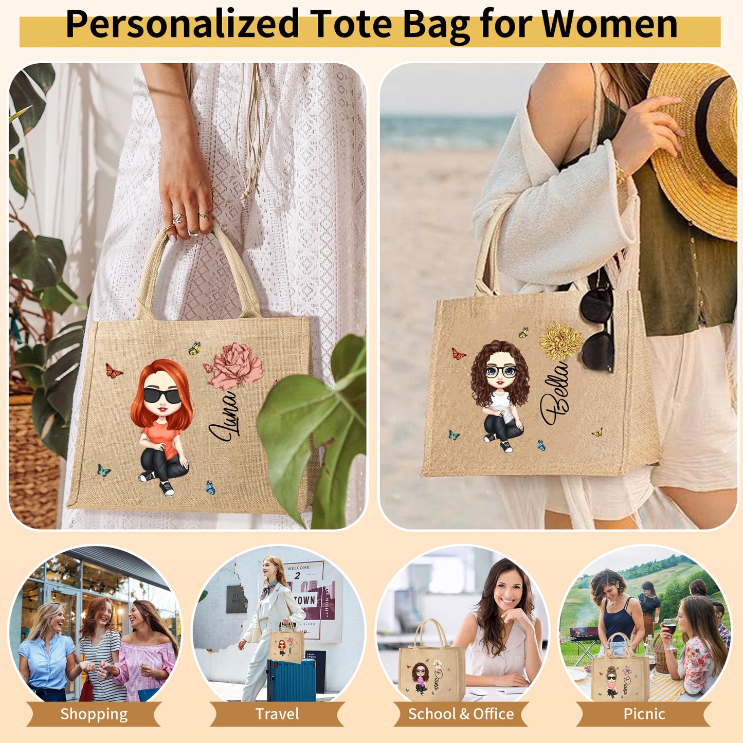 The Signature Character Jute Tote | Custom Name & Cartoon Portrait