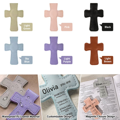 Personalized Magnetic Christian Bookmarks  Custom PU Leather Bookmark with Name & Bible Verses  Catholic Cross Book Marks  Religious Gifts for Women  Students  Teachers  Father  Book Lovers
