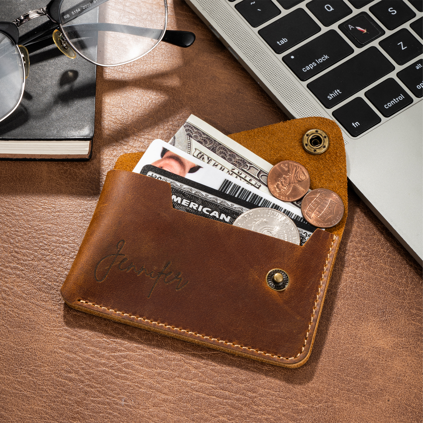 Personalised Leather Card Holder, Custom Slim Compact Wallet