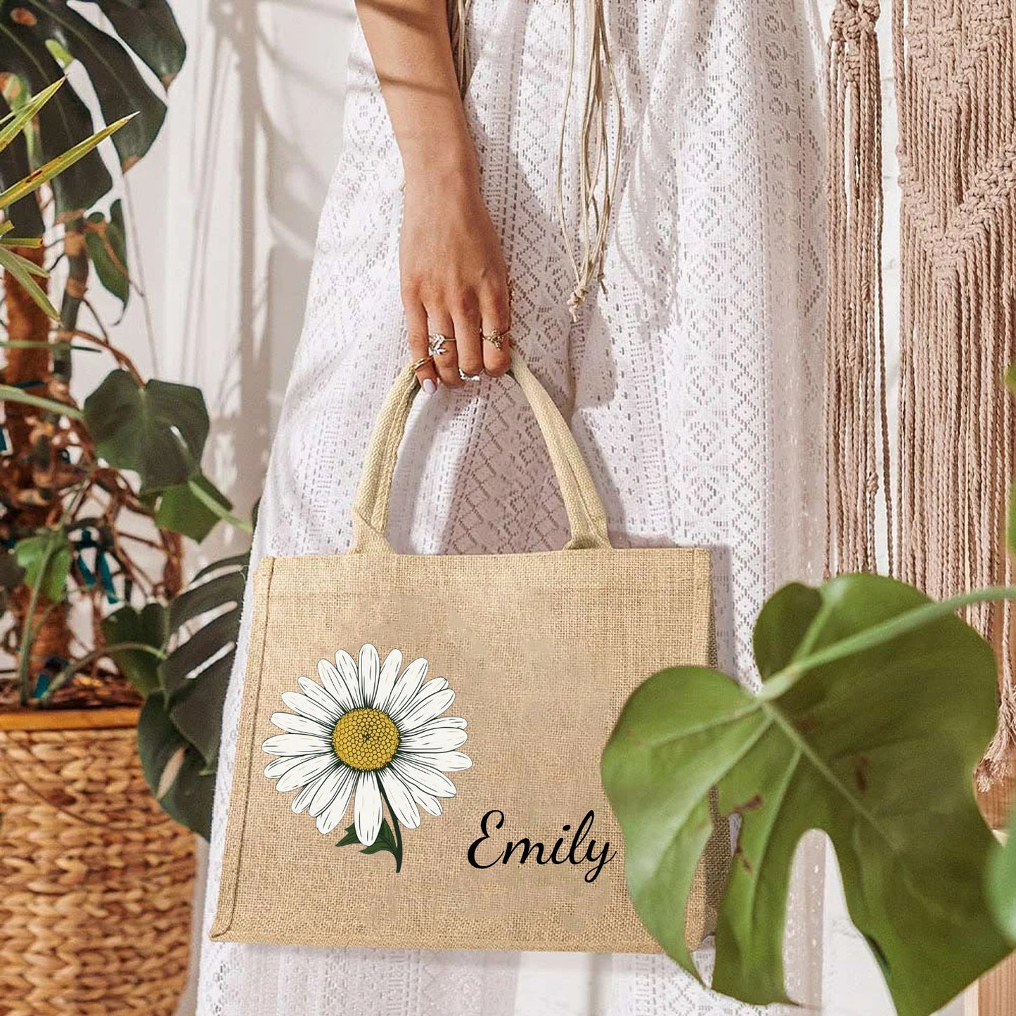Personalized Birth Flower Beach Jute Tote Bag Trip Bag with Name