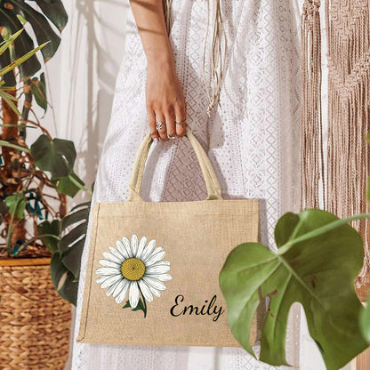 Personalized Birth Flower Beach Jute Tote Bag Trip Bag with Name