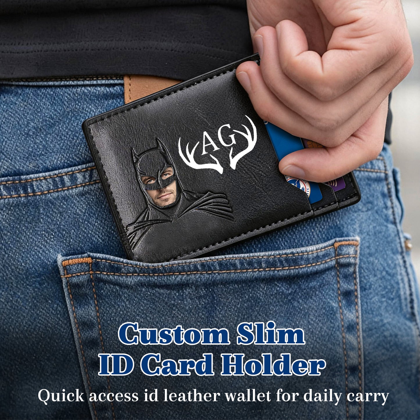 Personalized Bat Wallet with Name  Slim PU Leather ID Wallet Gifts for Men Husband  Boyfriend Dad  Face Eyes Cutout Card Holder with Multiple Card Slots Father's Day Birthday Anniversary
