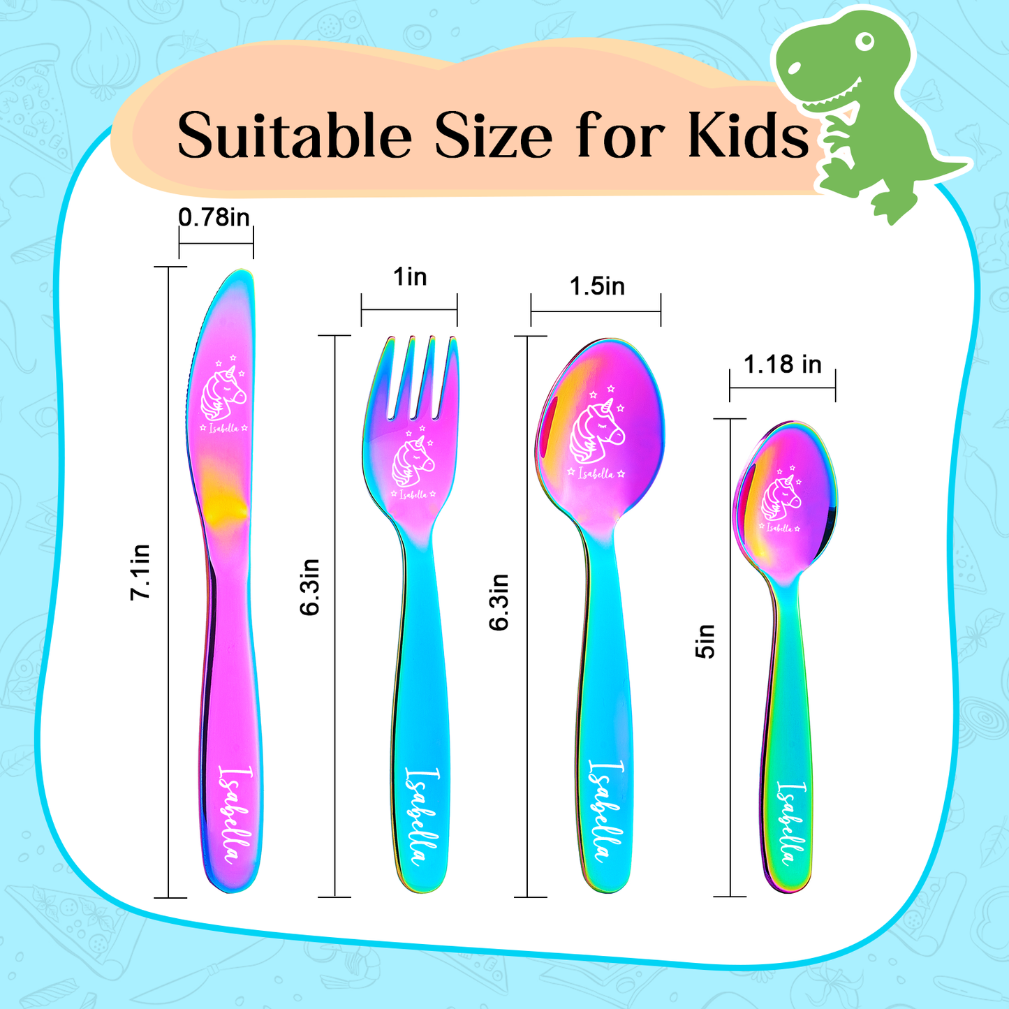 Personalized 6 Colors Unicorn Dinosaur Children's Stainless Steel  Cutlery Set