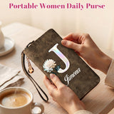 Personalized Wristlet Wallet for Women Custom Pearl Initial Birth Flower and Name PU Leather Wallet with Coin Pocket Id Window & Grip Hand Strap Mother's Day Birthday Gift for Mom Friends