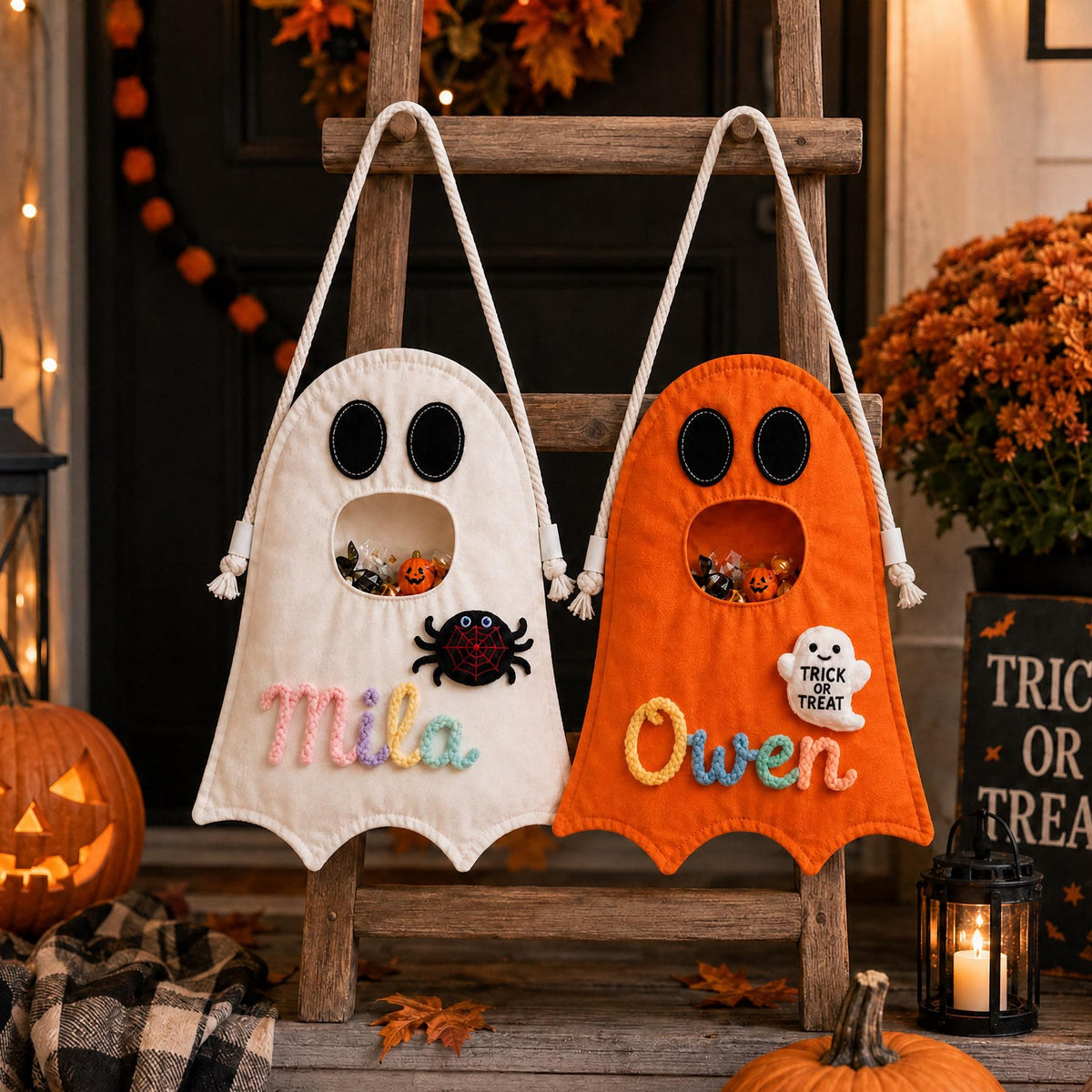Personalized Ghost Trick or Treat Bag Custom Name Halloween Candy Tote Kids Ghost Tote Halloween Gift for Kids