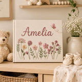 Custom Hand Embroidered Baby Birthday Guest Book Embroidered Floral Butterfly Baby Book Custom Floral Linen Scrapbook Newborn Gift Album