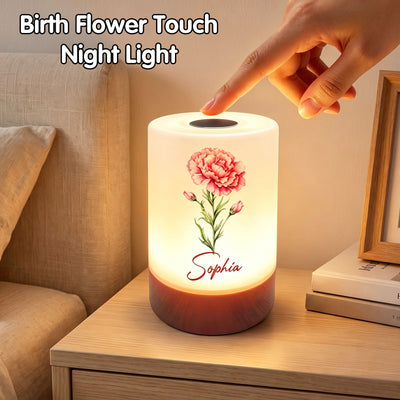 Personalized Birth Flower Night Light Custom Name & Birth Flower Dimmable Touch Control Rechargeable Lamp Bedroom Office Decor Cordless LED Lamp 13 Color Lighting Gifts for Women Mom Wife