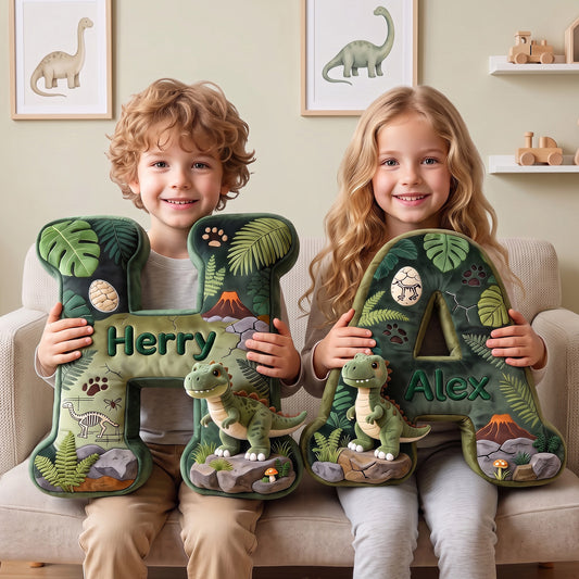 Personalized Dinosaur Letter Pillow for Kids A-Z Initial Plush Throw Cushion Custom Name Flat Printed 3D Look Sofa Decorative Pillow Birthday Xmas Gifts for Kids Boys Girls Dinosaur Lovers