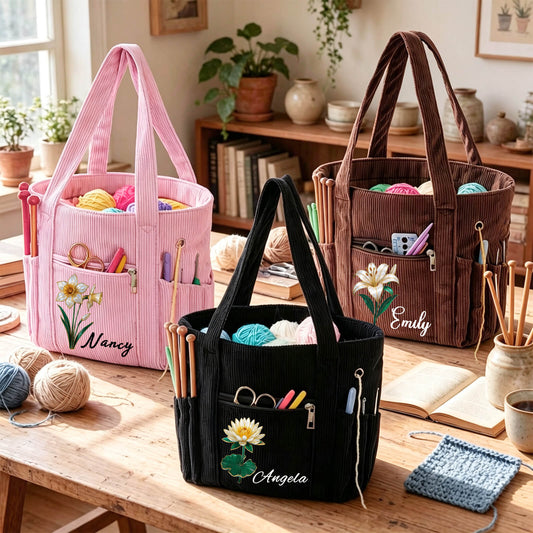 Personalized Birth Flower Corduroy Crochet Bag for Women 11.5" Large Yarn Storage with Custom Name Multiple Pockets & Grommets Needle Holders Knitting Bag for Crochet Lovers Mom Grandma