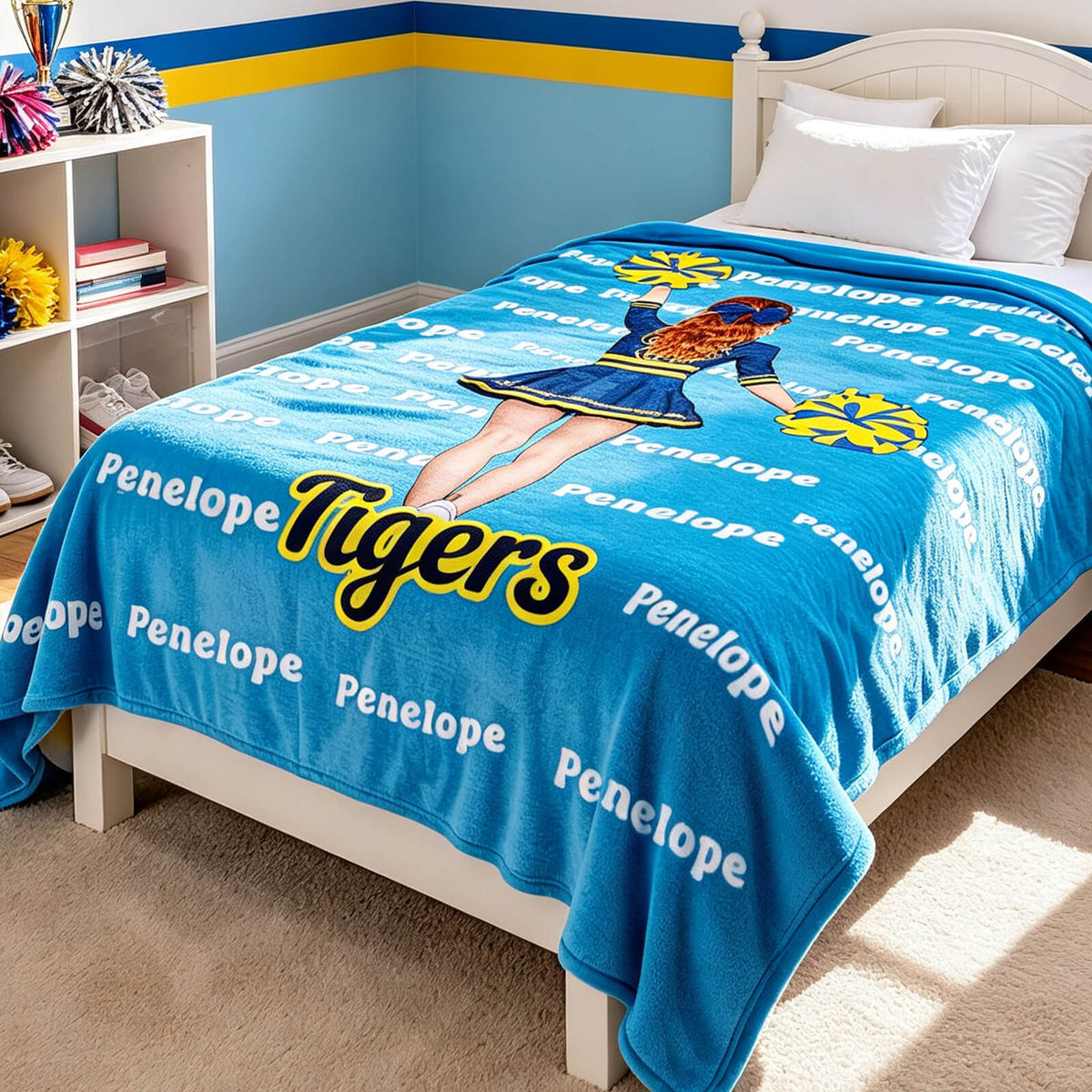 Personalized Cheer Blanket for Girls, Custom Name & Cartoon Character Throw Cheer Team Gift for Adults, Team, Girls, Dancers & Athletes, Soft Fleece Blanket for Bedroom, Travel & Competitions